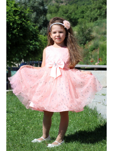 Официална детска рокля без ръкав в прасковено с тюл 83543322