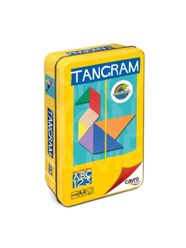 Цветен дървен танграм в метална кутия Cayro