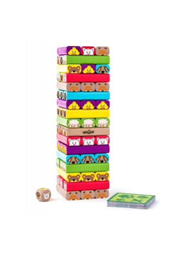 Дървена цветна дженга със зарче Woody - Животни