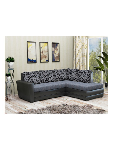 Ъглов диван Boston-dst, черна кожа и сиво
