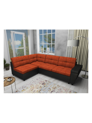 Ъглов диван Doris-dst, черна кожа и оранжево
