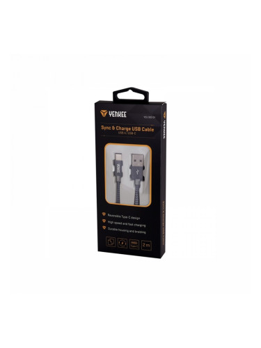 Yenkee Кабел 302 GY, USB-A Male към USB-C Male, 2 m, сив