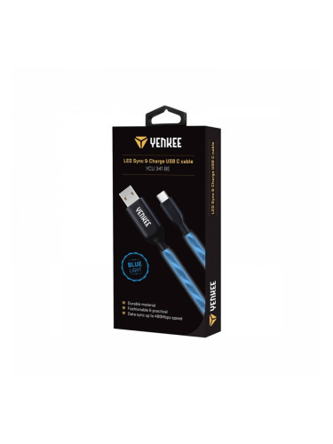 Yenkee Кабел 341 BE, USB Male към USB-C Male, LED, 2 m, син