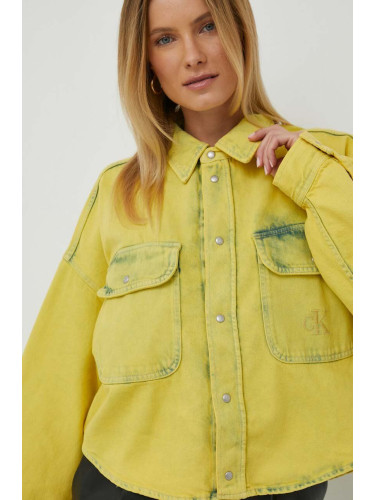 Дънкова риза Calvin Klein Jeans дамска в жълто със свободна кройка с класическа яка