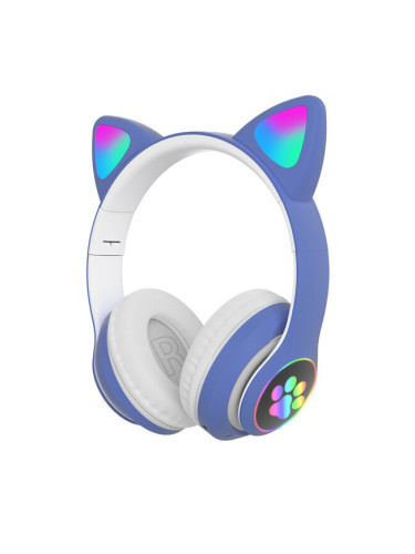 Bluetooth слушалки  CAT, STN-28 - Котешки слушалки, Деца, MP3, LED, Син