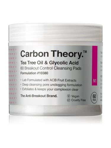 Carbon Theory Tea Tree Oil & Glycolic Acid почистващи тампони за освежаване и изглаждане на кожата 60 бр.