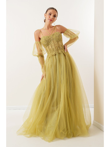 By Saygı Double-Thread Straps Top With Beads Embroidered Sheer Lined Long Tulle Dress Pistachio Green