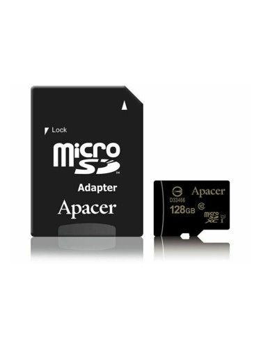 Карта памет 128GB microSDXC с адаптер, Apacer, Class 10 UHS-I, скорост на четене 80MB/s, скорост на запис 20MB/s