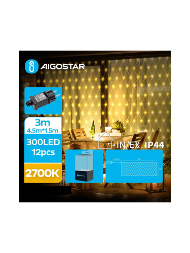 Aigostar - LED Екстериорни коледни лампички 300xLED/8 функции 7,5x1,5 м IP44 топло бял