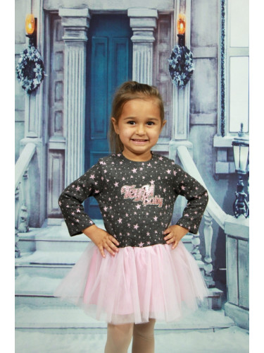 Коледна детска рокля в тъмносиво на звездички и розов тюл