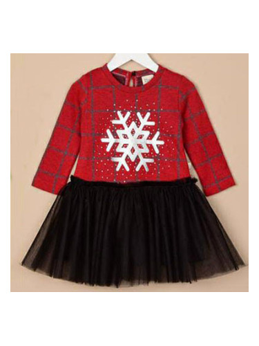 Детска рокличка в червено със снежинка и черен тюл