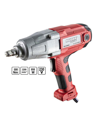 Гайковерт електрически, ударен, RAIDER RD-EIW08, 950W, 500Nm, LED, 1/2", с вложки 17-22 мм