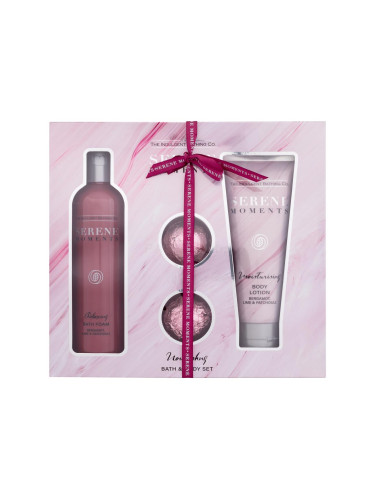 The Indulgent Bathing Co. Serene Moments Nourishing Bath & Body Set Подаръчен комплект пяна за вана Relaxing Bath Foam Bergamot, Limet & Patchouli 300 ml + лосион за тяло Moisturising Body Lotion Bergamot, Lime & Patchouli 200 ml + бомбички за вана Bath Bombs 2 x 30 g