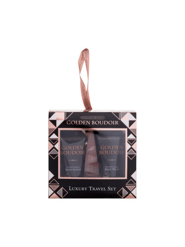 The Indulgent Bathing Co. Golden Boudoir Luxury Travel Set Подаръчен комплект лосион за тяло Salted Caramel Body Lotion 50 ml + душ гел Salted Caramel Body Wash 50 ml + гъба за баня Luxury Shower Puff 1 бр