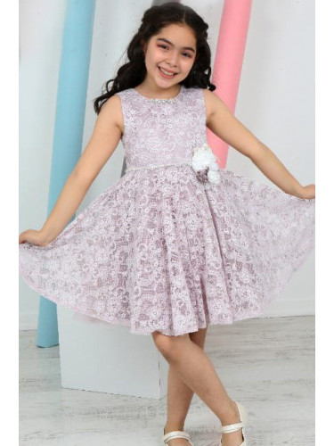 Официална детска рокля без ръкав от дантела в пепел от рози с чантичка