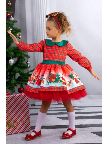 Детска коледна рокля с дълъг ръкав в червено каре и диадема Карена
