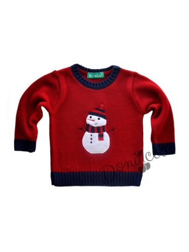 Плетен коледен пуловер в червено със снежко