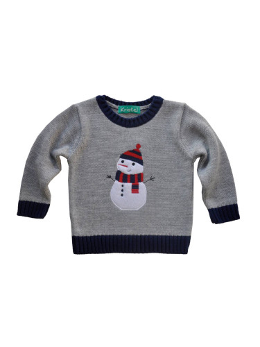 Плетен коледен пуловер във сиво със снежко