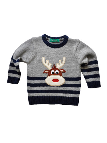 Плетен коледен пуловер в сиво с еленче