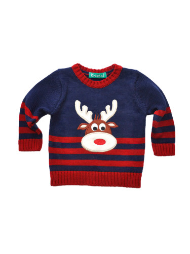 Плетен коледен пуловер в тъмносиньо с еленче