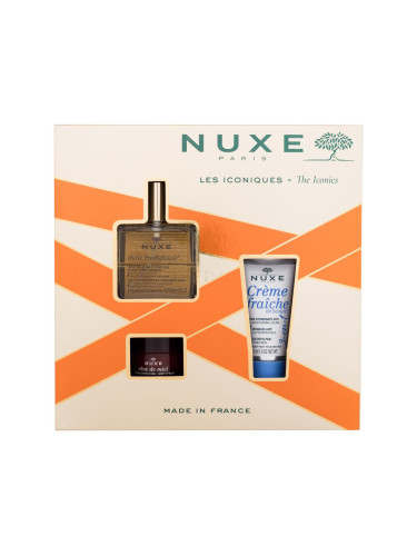 NUXE The Iconics Подаръчен комплект сухо масло Huile Prodigieuse 50 ml + крем за лице Créme Fraiche de Beauté 3-In-1 30 ml + балсам за устни Reve de Miel Honey 15 g