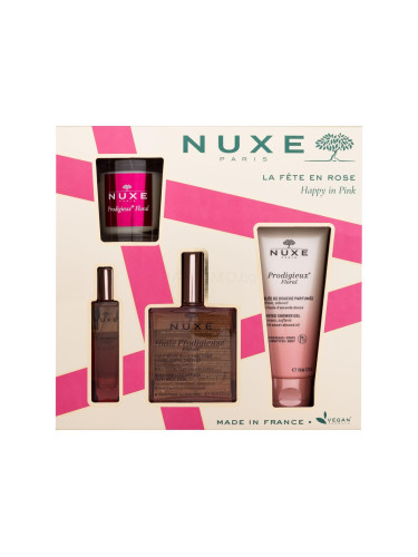 NUXE Happy In Pink Подаръчен комплект сухо масло Huile Prodigieuse Florale 100 ml + душ гел Prodigieux Floral 100 ml + EDP Prodigieux Floral 15 ml + свещ Prodigieux Floral 70 g