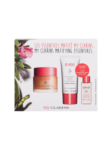 Clarins My Clarins Matifying Essentials Подаръчен комплект гел за лице Re-Boost Matifying Hydrating Blemish Gel 50 ml + почистващ гел My Clarins Re-Move Purifying Cleansing Gel 30 ml + тоник за лице Clear-Out Purifying and Matifying Toner 10 ml