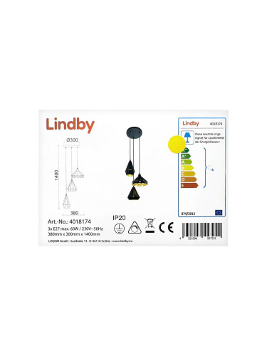 Lindby - Пендел 3xE27/60W/230V