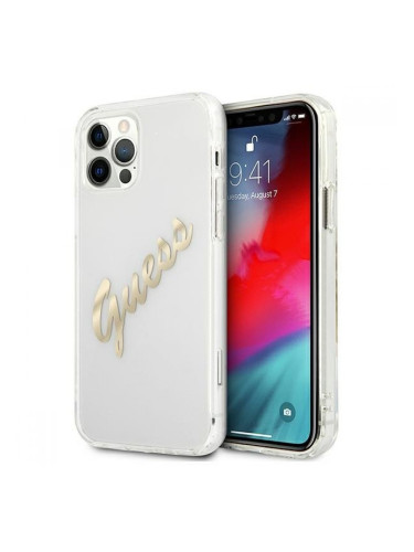 Гръб Guess Transparent hardcase Vintage Script за Apple iPhone 12 / iPhone 12 Pro, Златен, GUHCP12MKTRSVGO