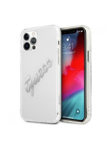 Гръб Guess Transparent hardcase Vintage Script за Apple iPhone 12 / iPhone 12 Pro, Сребрист, GUHCP12MKTRSVSI