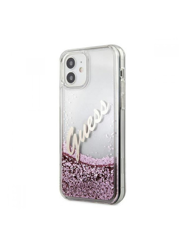 Гръб Guess Glitter Vintage Script за Apple iPhone 12 mini, розов, GUHCP12SGLVSPI