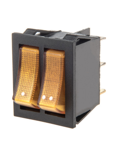 Rocker превключвател, двоен, 2 позиции, OFF-ON, 15A/250VAC, отвор 26x22mm, 6 извода, оранжев