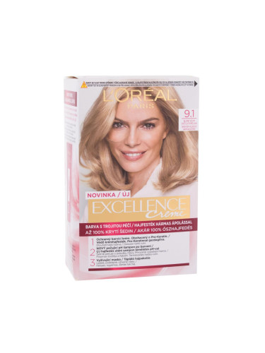 L'Oréal Paris Excellence Creme Triple Protection Боя за коса за жени 48 ml Нюанс 9,1 Natural Light Ash Blonde увредена кутия