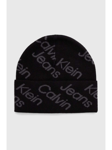 Памучна шапка Calvin Klein Jeans в черно с фина плетка от памук