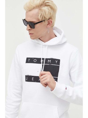 Суичър Tommy Jeans в бяло с качулка с принт