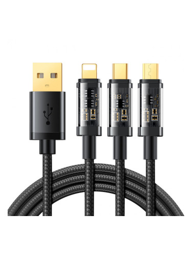 Кабел за зареждане и данни с оплетка JOYROOM 3in1 USB Type A към USB Type C / Lightning / micro USB 3.5A 1.2m черен (S-1T3015A5)