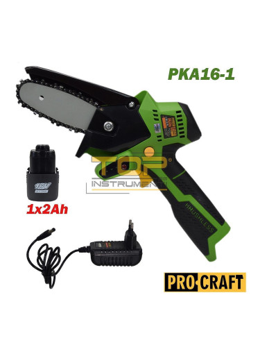 Мини верижен трион / акумулаторна резачка PROCRAFT PKA16-1, 16V, 2Ah, 10 см шина, 1/4" верига, безчетков мотор