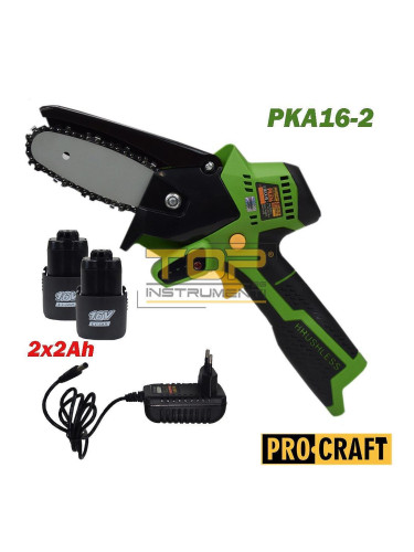Мини акумулаторна резачка / верижен трион PROCRAFT PKA16-2, 16V, 2x2Ah, 10 см шина, 1/4" верига, безчетков мотор