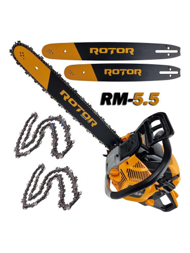 Бензинова резачка за дърва / верижен трион ROTOR RM-5.5, 5.8 к.с., 58 cc, с 2 шини 38/45 см и 2 вериги .325", 2-тактова