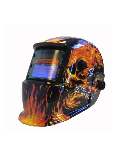 Фотосоларен заваръчен шлем, ръчно затъмняване, DIN 9-13, шарка огнен череп (04823)
