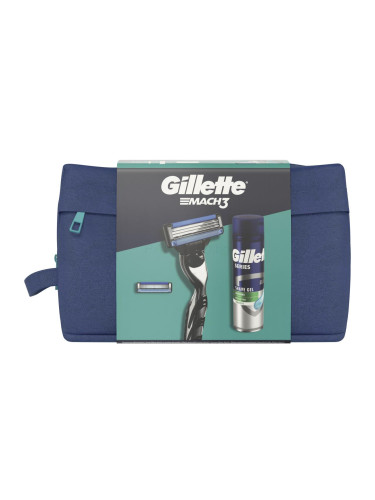Gillette Mach3 Подаръчен комплект самобръсначка 1 бр + резервни ножчета 1 бр + гел за бръснене Series Soothing With Aloe Vera Sensitive Shave Gel 200 ml + козметична чантичка