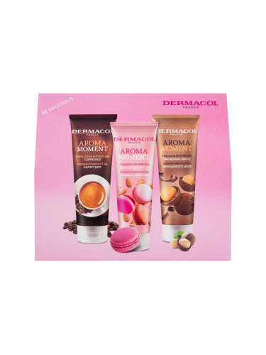 Dermacol Aroma Moment Be Delicious Подаръчен комплект душ гел Stimulating Shower Gel Coffee Shot 250 ml + душ гел Calming Shower Gel Almond Macaroon 250 ml + душ гел Delicious Shower Gel Macadamia Truffle 250 ml