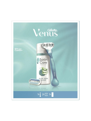 Gillette Venus Подаръчен комплект самобръсначка Venus Smooth 1 бр + резервни ножчета 1 бр + гел за бръснене Satin Care Sensitive Aloe Vera 75 ml