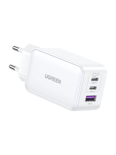 Зарядно устройство Ugreen CD244 White, от контакт към 1x USB-A(ж)/2x USB-C(ж), 65W, бяло