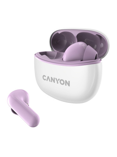 Слушалки Canyon TWS-5, безжични, Bluetooth 5.3, микрофон, до 7.5 часа време на работа, кутия за зареждане, IP33 защита, лилаво-бели