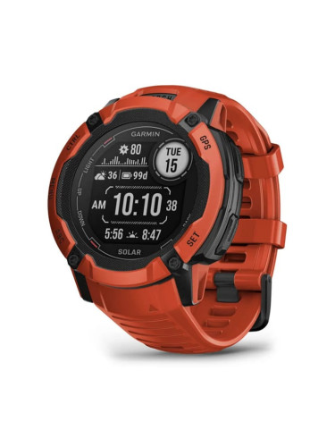 Смарт часовник Garmin Instinct 2X Solar Flame Red, 1.1" x 1.1" (2.7 x 2.7cm), MIP дисплей, до 60 часа време на работа в GPS режим, пулсомер, слънчево зареждане, GPS, фитнес режими, червен