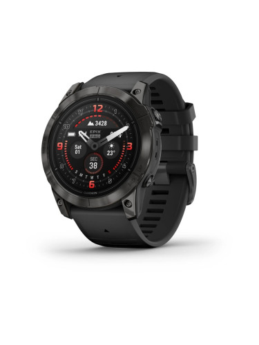 Смарт часовник Garmin epix Pro (Gen 2) Sapphire Edition, Carbon Grey DLC Titanium, 51 mm, 1.4"(35.56 mm) AMOLED дисплей, 32GB, водоустойчивост, до 31 дни време на работа, GPS, компас, Carbon Grey DLC Titanium с Black каишка
