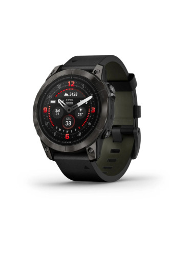 Смарт часовник Garmin epix Pro (Gen 2) Sapphire Edition, Carbon Grey DLC Titanium, 47 mm, 1.4"(35.56 mm) AMOLED дисплей, 32GB, водоустойчивост, до 31 дни време на работа, GPS, компас, Carbon Grey DLC Titanium с Black кожена каишка