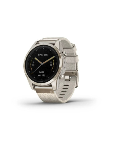 Смарт часовник Garmin epix Pro (Gen 2) Sapphire Edition, Soft Gold, 42 mm, 1.4"(35.56 mm) AMOLED дисплей, 32GB, водоустойчивост, до 31 дни време на работа, GPS, компас, Soft Gold с Cream Heathered Nylon каишка