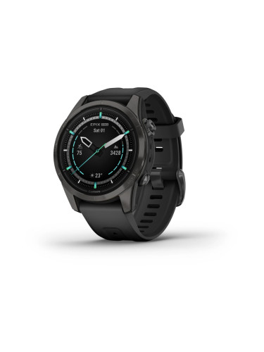 Смарт часовник Garmin epix Pro (Gen 2) Sapphire Edition, Carbon Grey DLC Titanium, 42 mm, 1.4"(35.56 mm) AMOLED дисплей, 32GB, водоустойчивост, до 31 дни време на работа, GPS, компас, Carbon Grey DLC Titanium с Black каишка